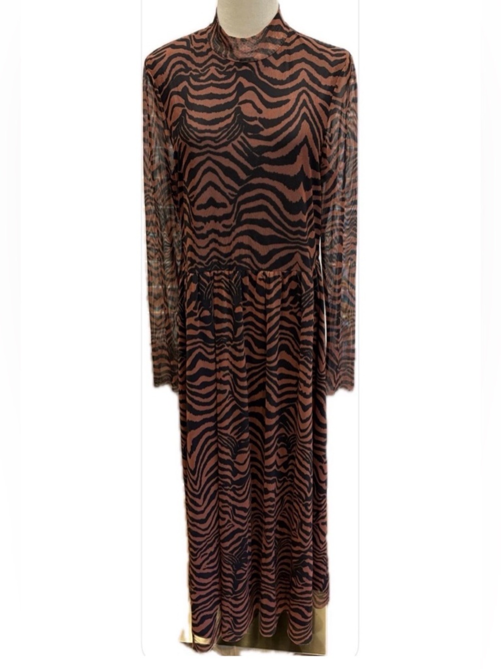 Free Press Clothing NWOT Mesh Hi Neck Long Sleeves Zebra  Lined Maxi Dress XL